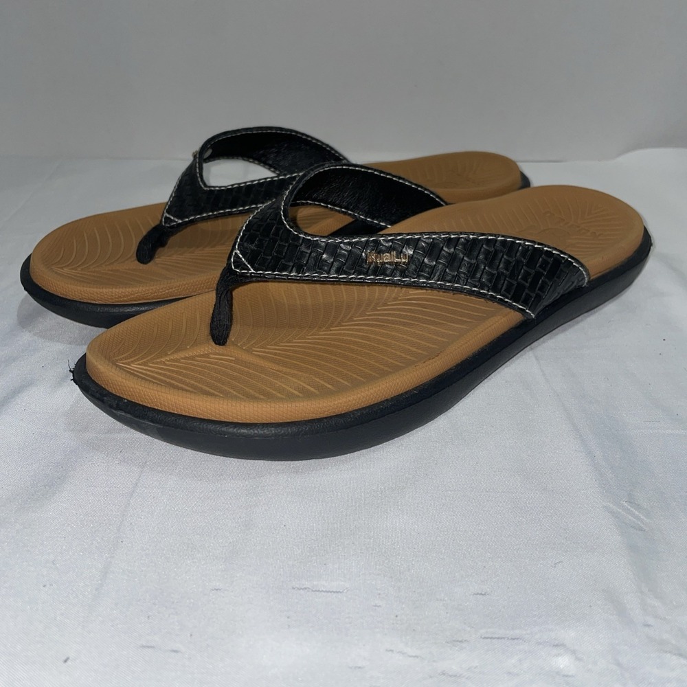 Kuailu Womens Flip Flop‎ Sandals Black Woven Strap Tan Arch Support Size 40 9